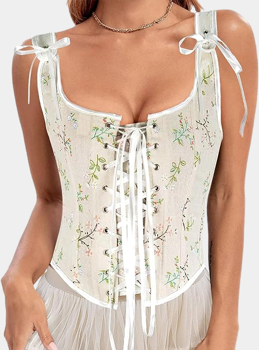 Women's Vintage Floral Renaissance Corset Top White Floral