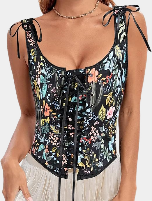 Women's Vintage Floral Renaissance Corset Top Black Flower