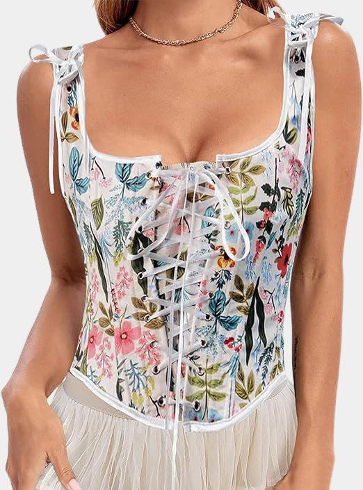 Women's Vintage Floral Renaissance Corset Top White Flower